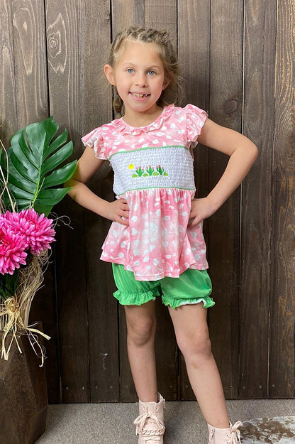 Western cactus embroidery top green shorts girl boutique set DLH2507