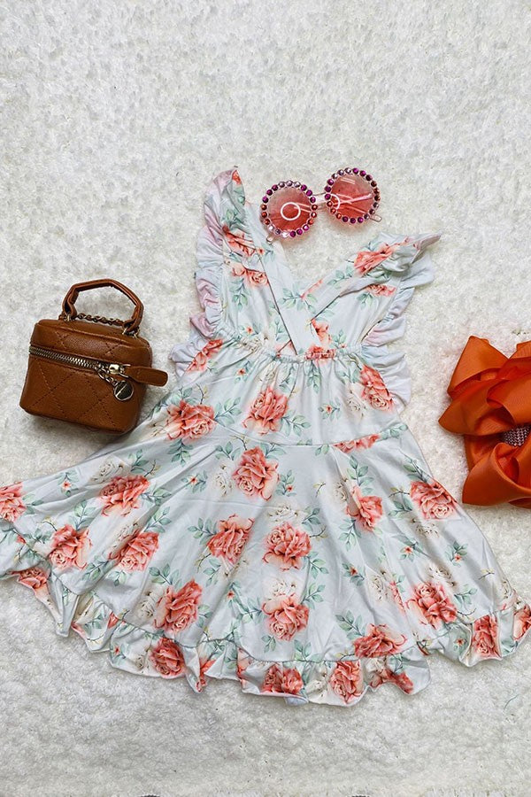 Chic casual floral girl boutique dress w/criss cross back DLH2363