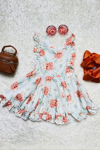 Chic casual floral girl boutique dress w/criss cross back DLH2363