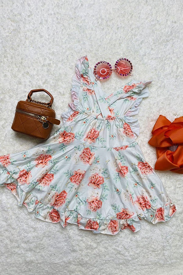 Chic casual floral girl boutique dress w/criss cross back DLH2363
