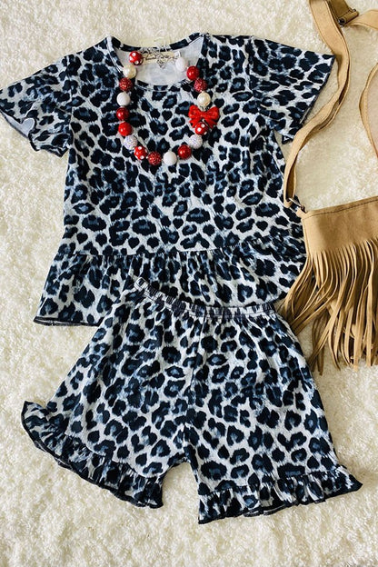 Western leopard tops & ruffle shorts girlsboutique sets XCH0666-4H