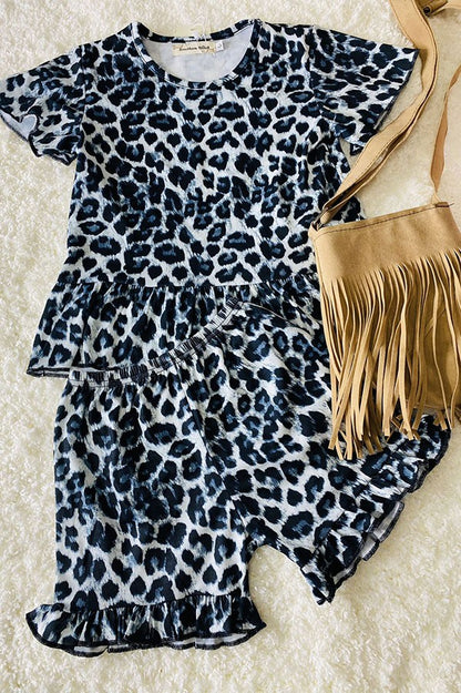 Western leopard tops & ruffle shorts girlsboutique sets XCH0666-4H