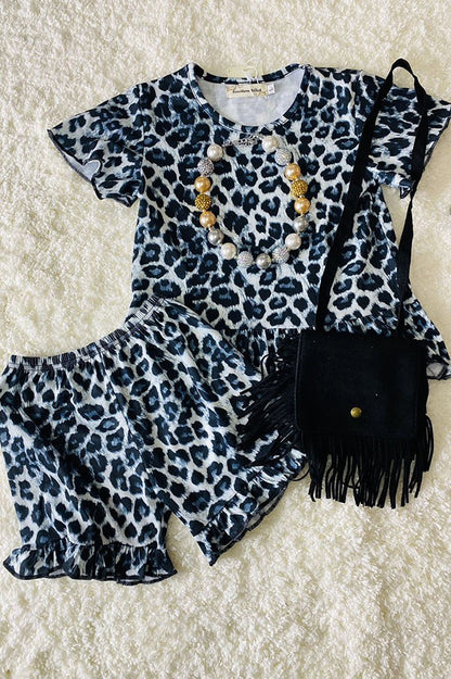 Western leopard tops & ruffle shorts girlsboutique sets XCH0666-4H