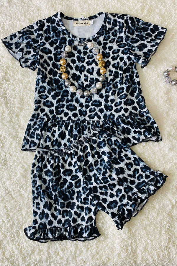 Western leopard tops & ruffle shorts girlsboutique sets XCH0666-4H
