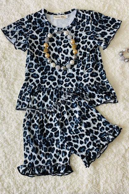 Western leopard tops & ruffle shorts girlsboutique sets XCH0666-4H