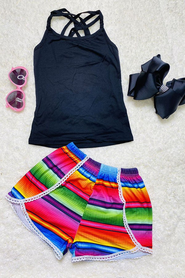 Western black crisscross top serape shorts girls boutique sets DLH2493
