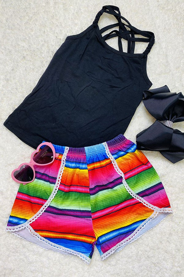 Western black crisscross top serape shorts girls boutique sets DLH2493