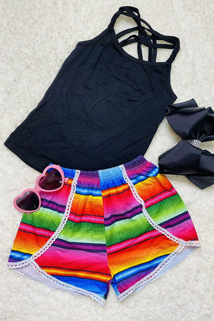 Western black crisscross top serape shorts girls boutique sets DLH2493