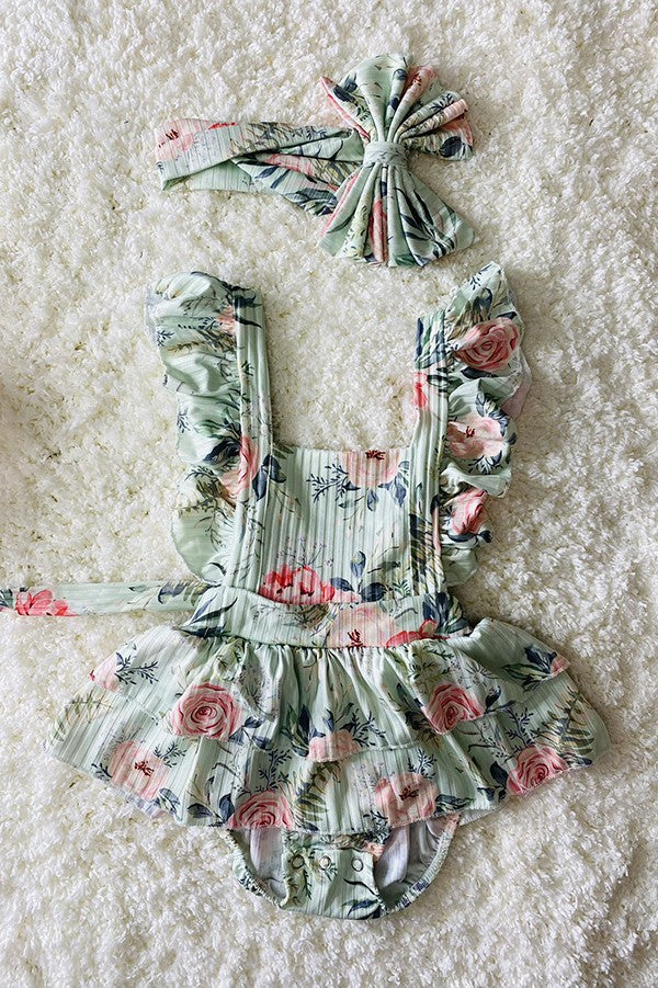 DLH1215-28 Aqua floral print ruffle baby romper w/headband