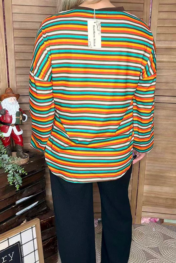 Multi-color striped printed long sleeve women top BQ8424