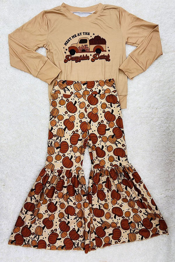Halloween "MEET ME AT THE PUMPKIN PATCH" tan 2pc girls boutique set DLH2620
