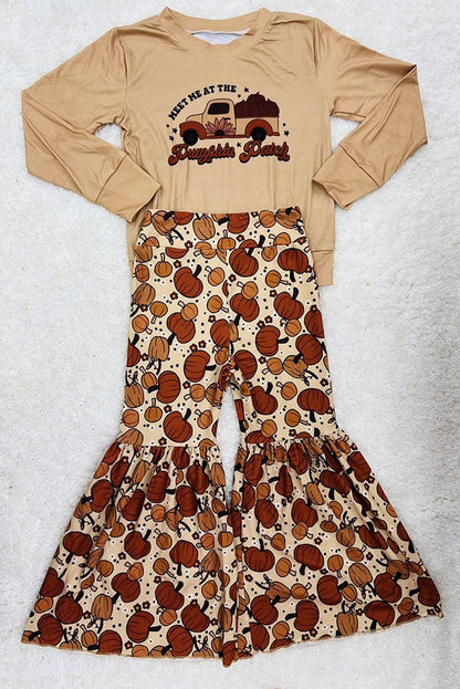 Halloween "MEET ME AT THE PUMPKIN PATCH" tan 2pc girls boutique set DLH2620