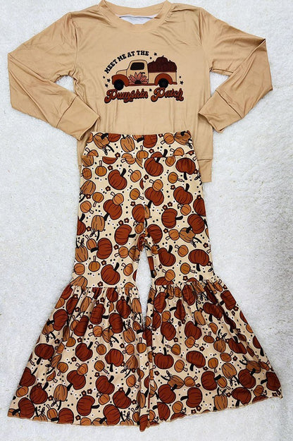 Halloween "MEET ME AT THE PUMPKIN PATCH" tan 2pc girls boutique set DLH2620