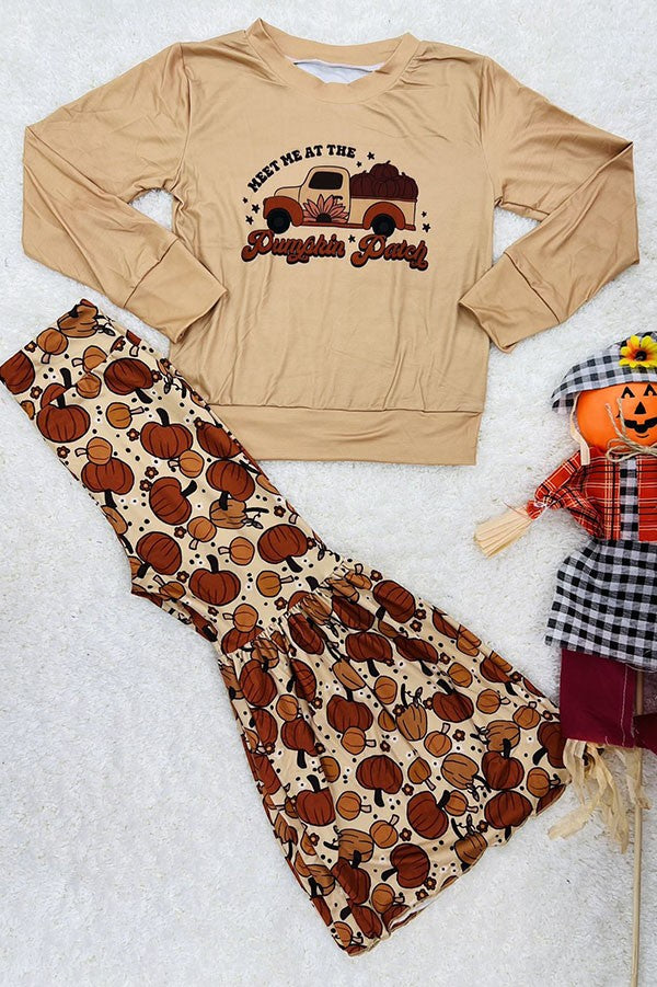 Halloween "MEET ME AT THE PUMPKIN PATCH" tan 2pc girls boutique set DLH2620