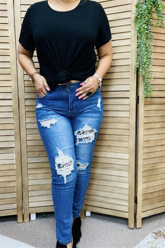 Western silver sequin for hole tighten women's boutique jeans S001