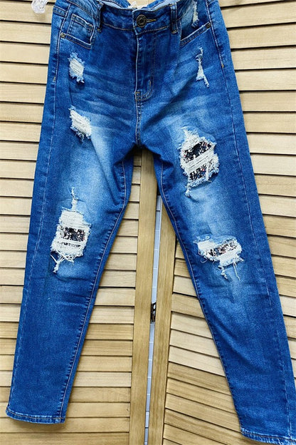 Western silver sequin for hole tighten women's boutique jeans S001