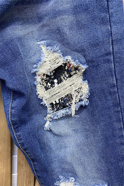 Western silver sequin for hole tighten women's boutique jeans S001