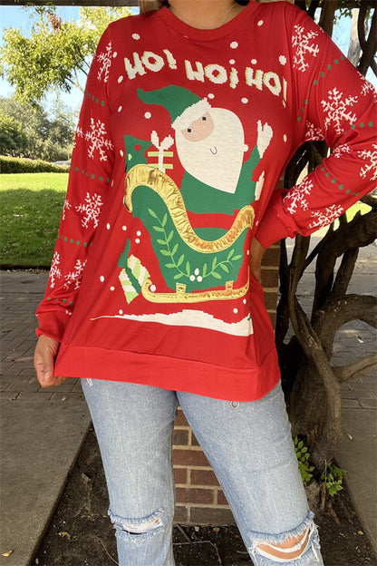 BQ15771 "HO!HO!HO!Claus Santa printed for Christmas holiday long sleeve women red tops