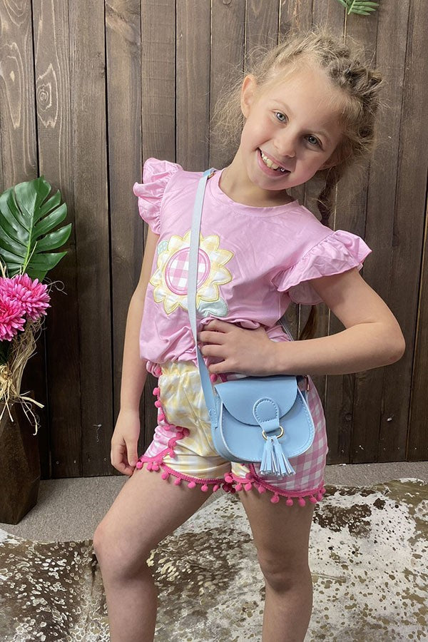 Western sunflower embroidery top & checkered shorts girls boutique sets DLH2768