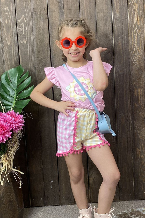 Western sunflower embroidery top & checkered shorts girls boutique sets DLH2768
