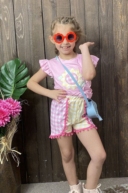 Western sunflower embroidery top & checkered shorts girls boutique sets DLH2768