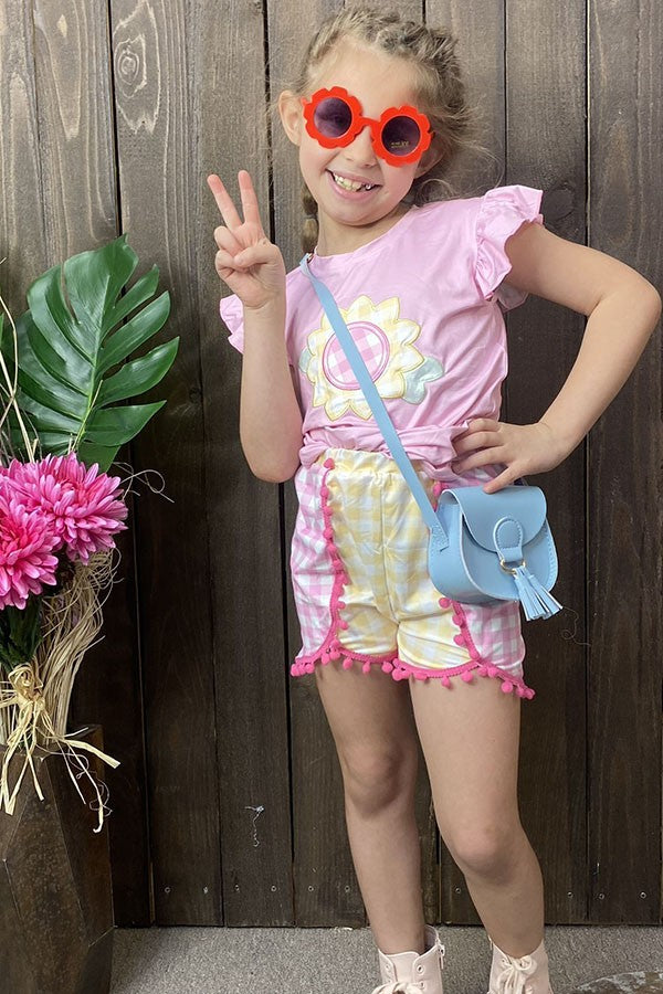 Western sunflower embroidery top & checkered shorts girls boutique sets DLH2768