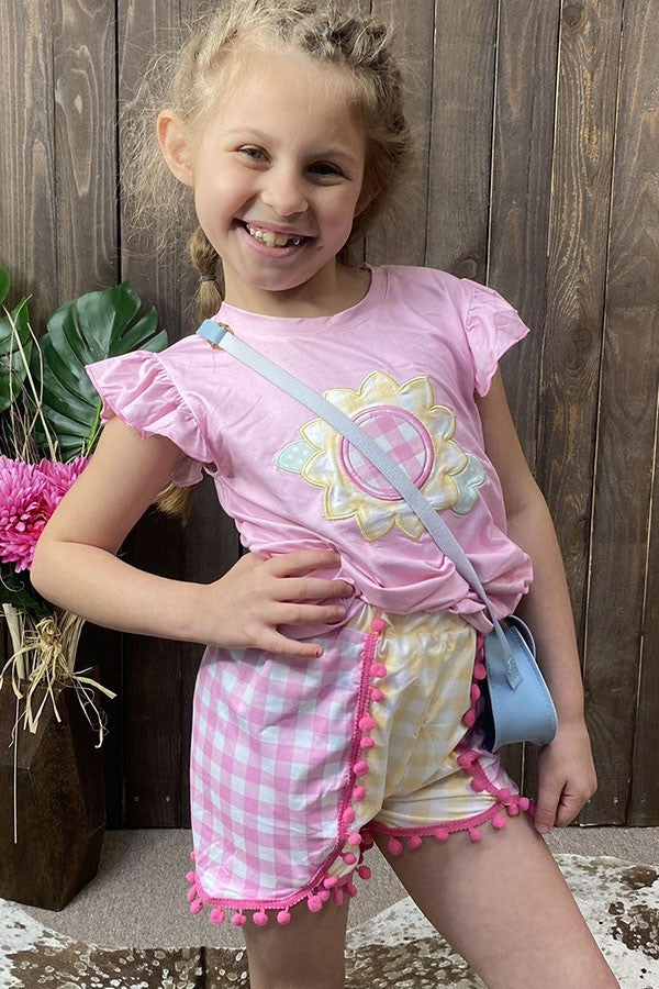 Western sunflower embroidery top & checkered shorts girls boutique sets DLH2768