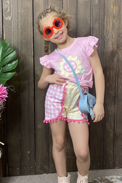Western sunflower embroidery top & checkered shorts girls boutique sets DLH2768