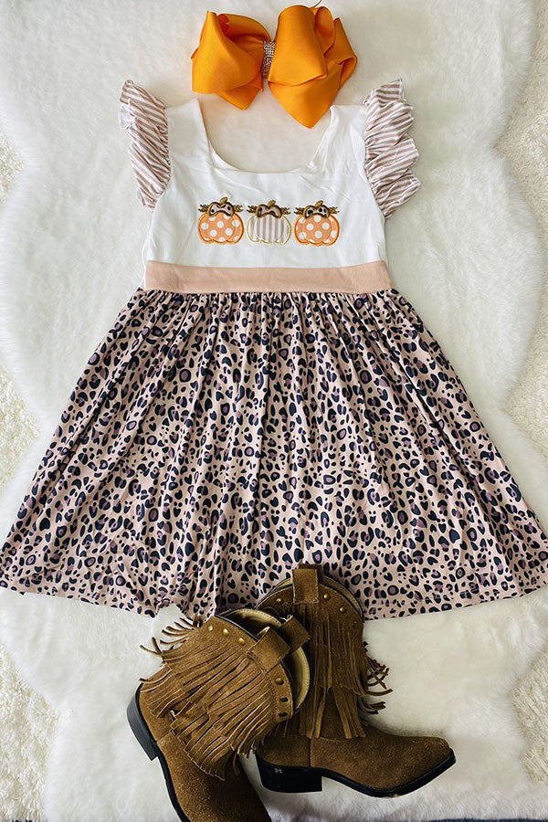 Pumpkin embroidery striped leopard print girls dress DLH2439