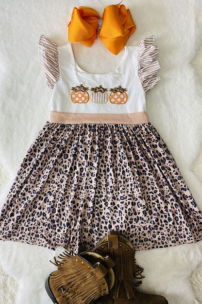 Pumpkin embroidery striped leopard print girls dress DLH2439
