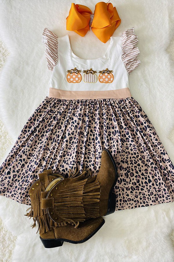 Pumpkin embroidery striped leopard print girls dress DLH2439