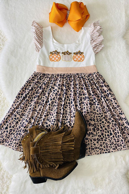 Pumpkin embroidery striped leopard print girls dress DLH2439