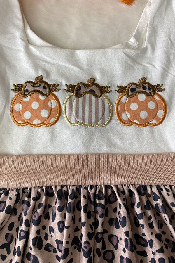 Pumpkin embroidery striped leopard print girls dress DLH2439
