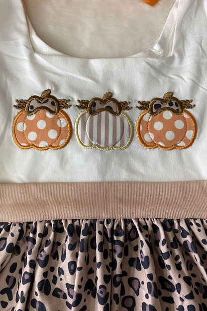 Pumpkin embroidery striped leopard print girls dress DLH2439