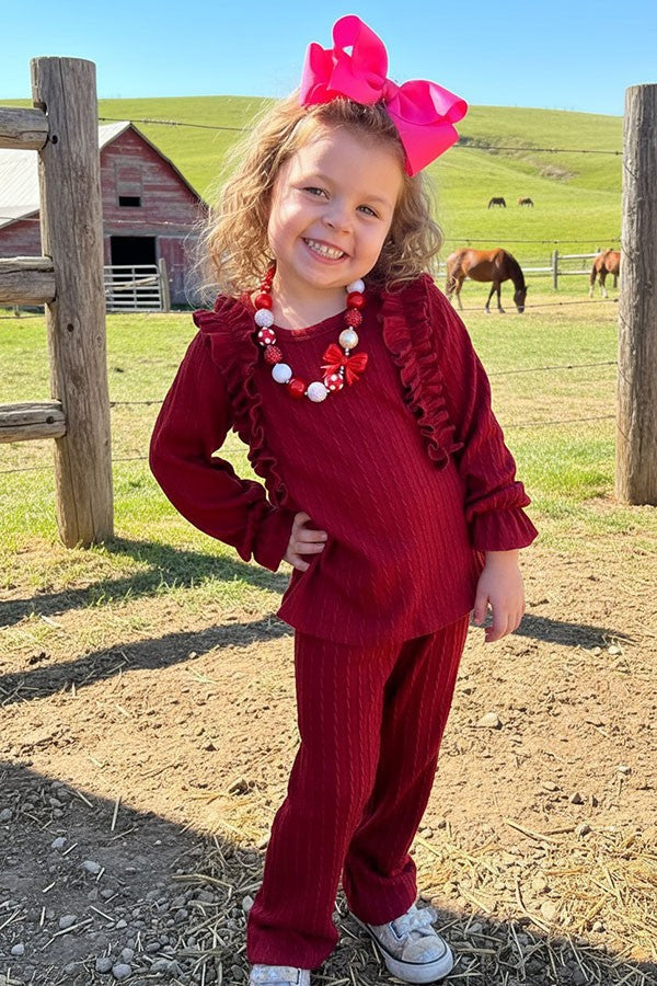 DLH2814 Burgundy knitted ruffle long sleeve top pant 2pc girls clothing sets