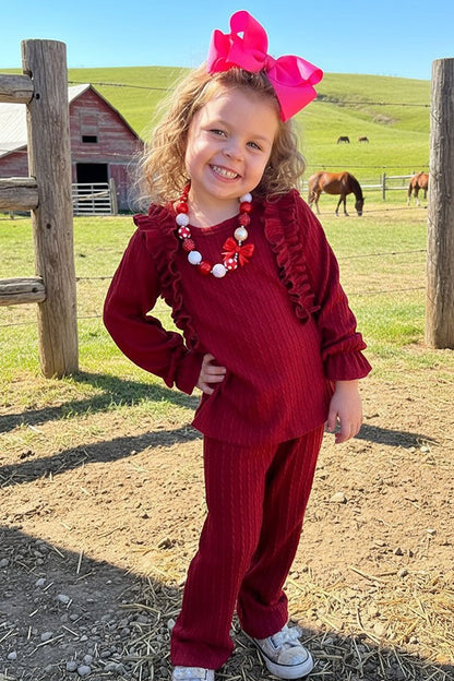 DLH2814 Burgundy knitted ruffle long sleeve top pant 2pc girls clothing sets