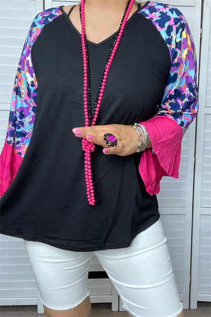 BQ14242 Black raglan long sleeve leopard printed top w/pink ruffle trim for women tops