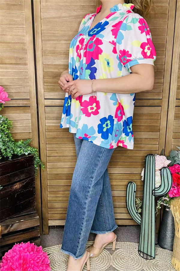 Floral multi color printed short sleeve & v-neckline women blouse XCH15792