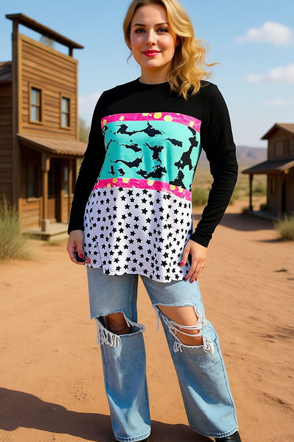 Plus size western patterns printed black color block long sleeve women top XCH14357