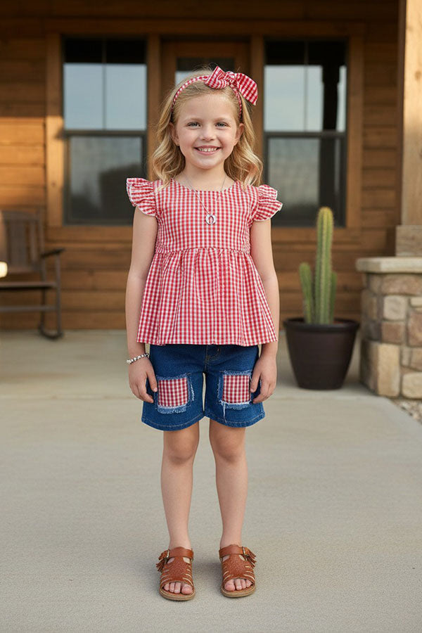 Chic Red & white checkered top denim shorts girls boutique set 230116M