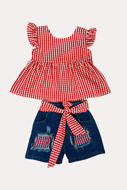 Chic Red & white checkered top denim shorts girls boutique set 230116M