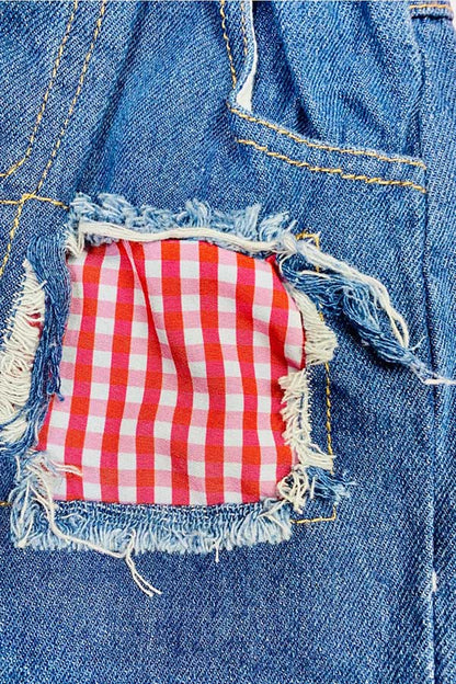 Chic Red & white checkered top denim shorts girls boutique set 230116M
