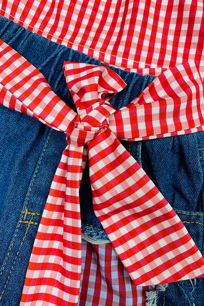 Chic Red & white checkered top denim shorts girls boutique set 230116M