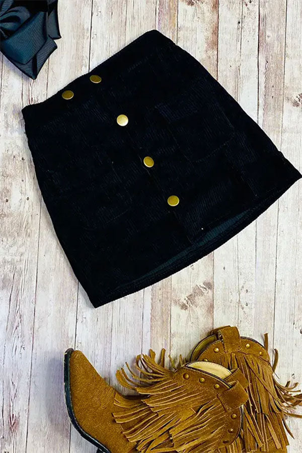Chic Black corduroy girls skirt w/pockets and buttons 230148M