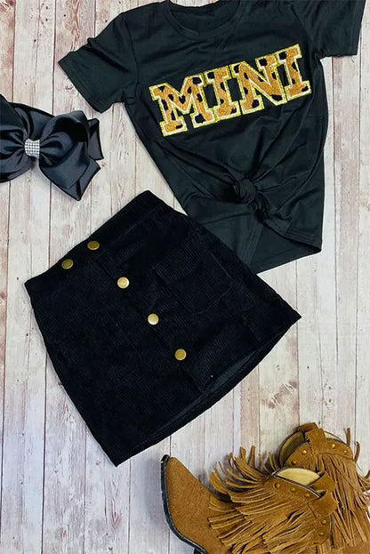 Chic Black corduroy girls skirt w/pockets and buttons 230148M