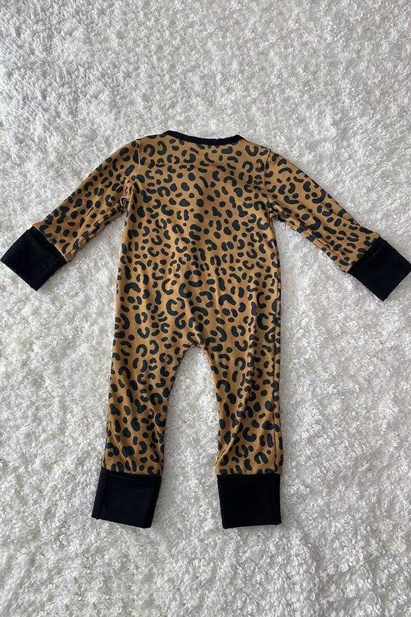 Leopard printed double zippers long sleeve baby romper DLH2866