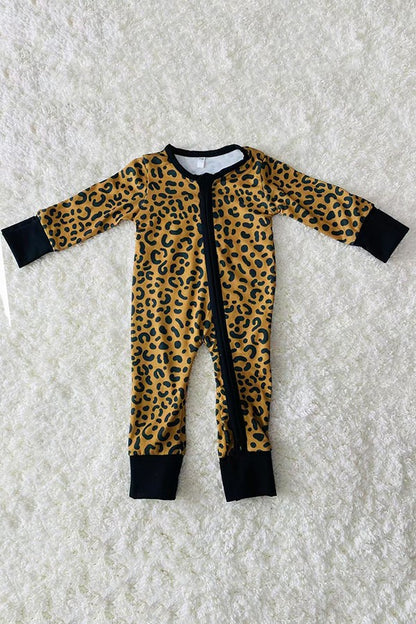 Leopard printed double zippers long sleeve baby romper DLH2866