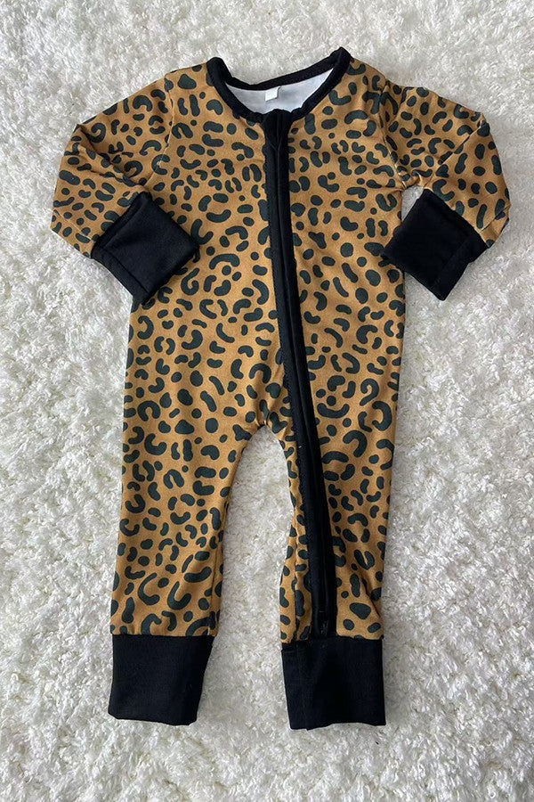 Leopard printed double zippers long sleeve baby romper DLH2866