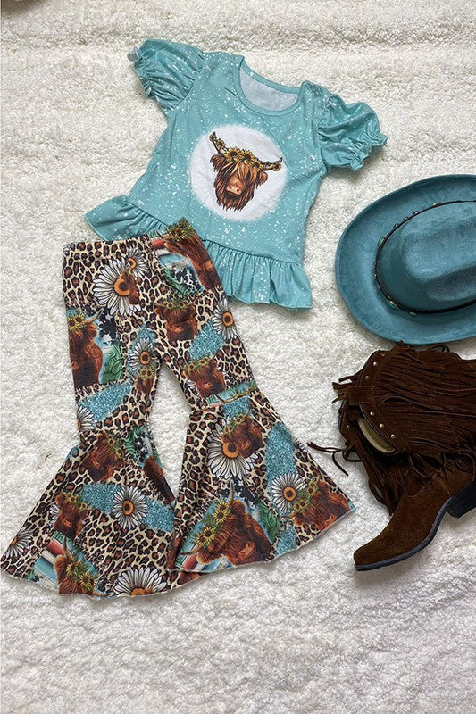 Western aqua top daisy & cow bell bottom pant girls boutique set DLH2423