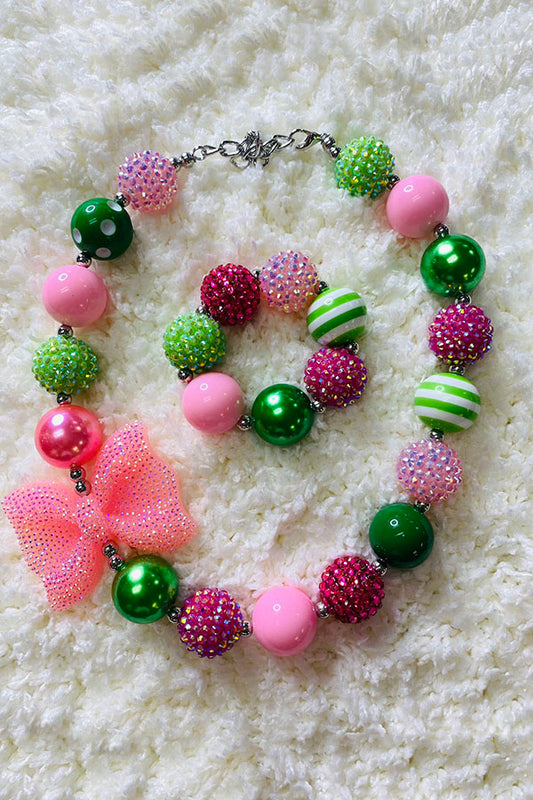 240305 Pink & Green bubble girls pendant necklace & bracelet sets